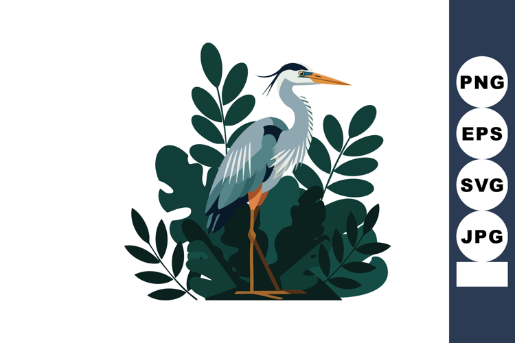 Heron standing among dark green tropical leaves vector illus