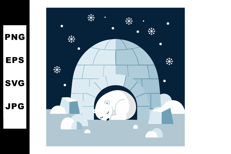 Polar bear sleeping inside igloo in snowy winter night vecto example image 1