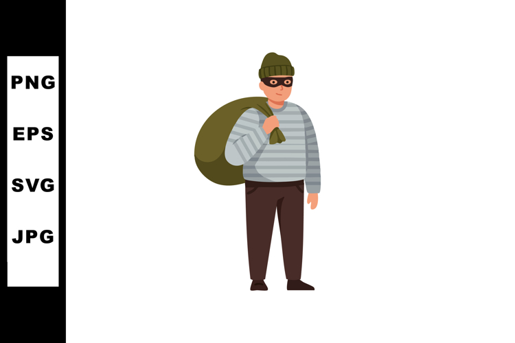 Male burglar in striped shirt and mask carrying sack vector