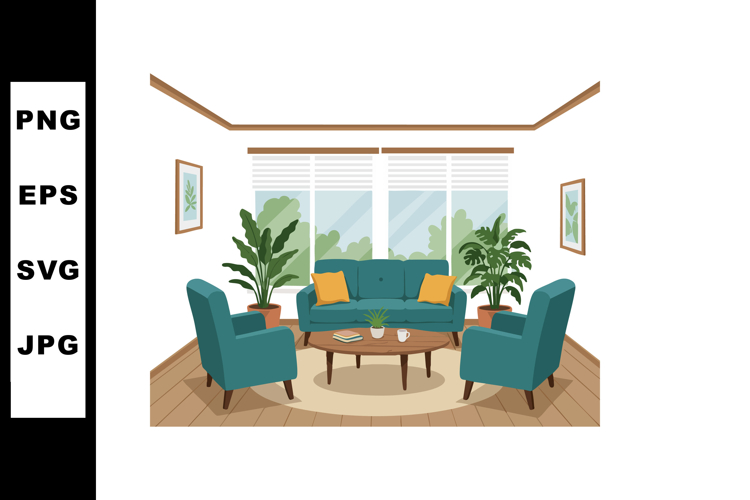 Modern living room interior design with teal sofa and armcha