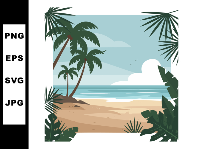 Tropical beach landscape with palm trees and ocean horizon i