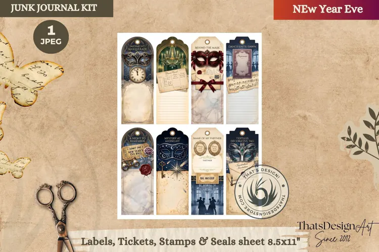Vintage New Year Junk Journal Tags and Bookmarks ephemera