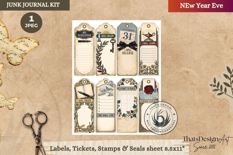 Vintage New Year Junk Journal Tags and Bookmarks ephemera example image 1