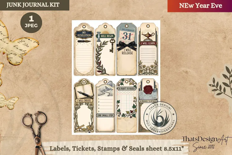 Vintage New Year Junk Journal Tags and Bookmarks ephemera