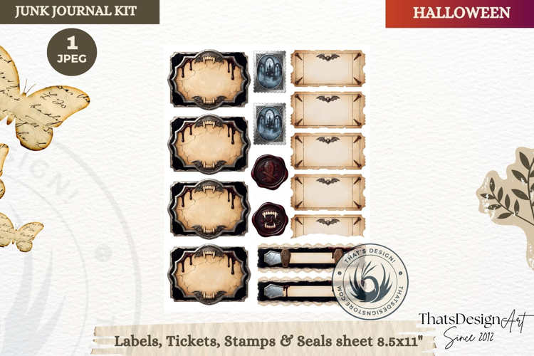 Horror Halloween Junk Journal Gothic label ticket sheets