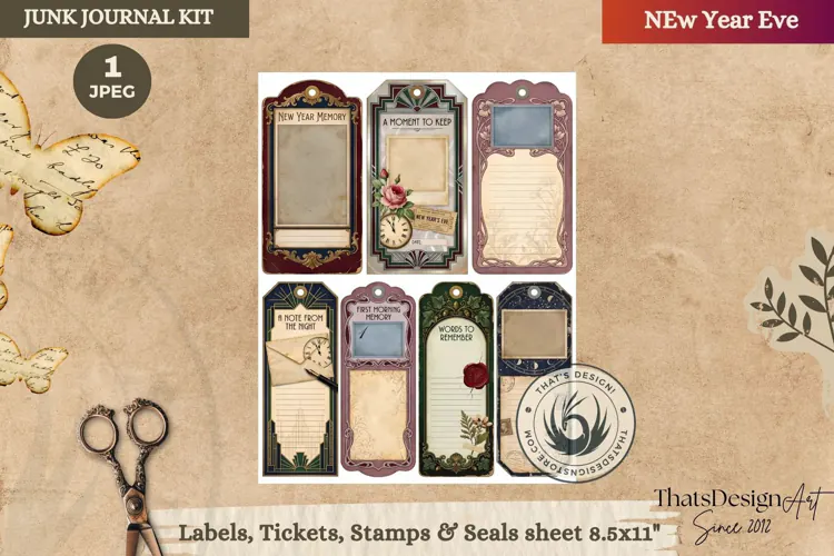 Vintage New Year Junk Journal Tags and Bookmarks ephemera