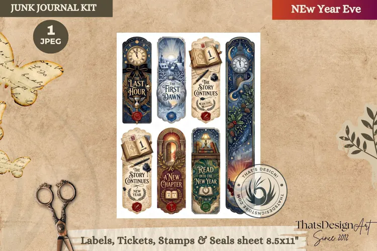 Vintage New Year Junk Journal Tags and Bookmarks ephemera
