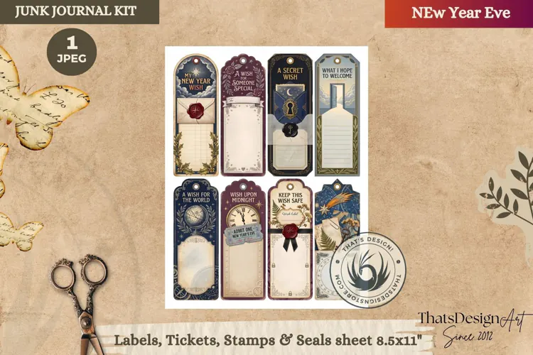 Vintage New Year Junk Journal Tags and Bookmarks ephemera