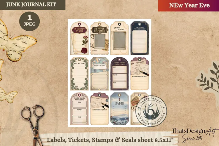 Vintage New Year Junk Journal Tags and Bookmarks ephemera