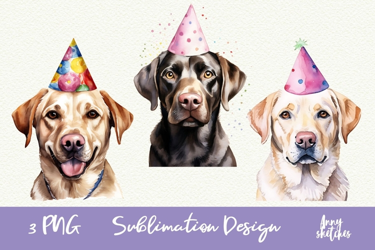 3 Birthday Labrador Retriever Clipart in a Party Hat PNG