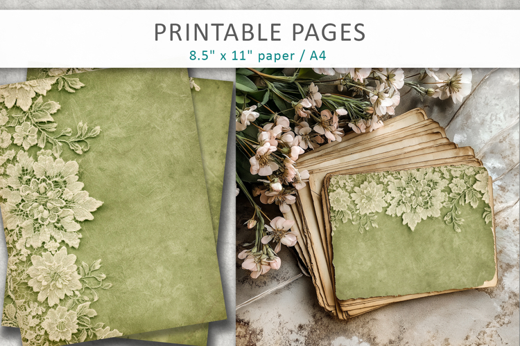 Vintage Green Lace Junk Journal Pages, scrapbook paper