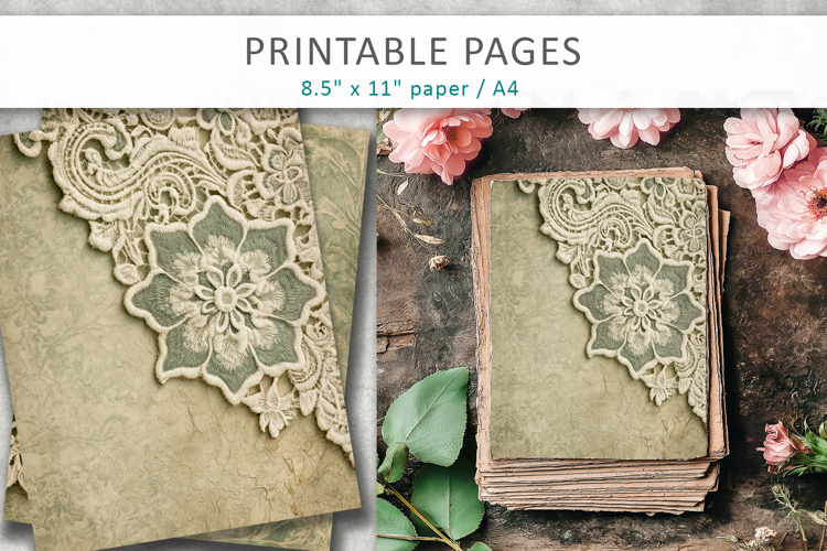Vintage Sage Green Lace paper backgrounds, scrapbook paper