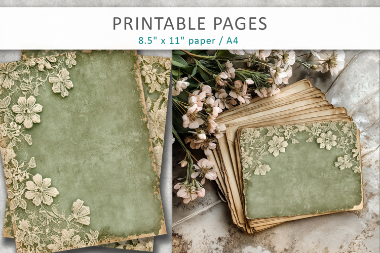 vintage green lace journal pages, scrapbook papers