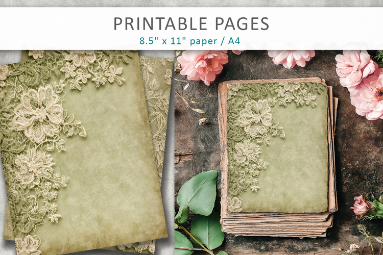 vintage green lace journal pages, decorative paper