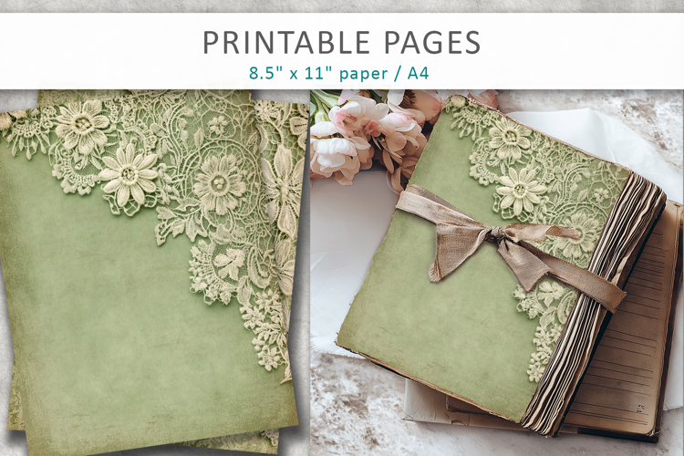 vintage green lace journal pages, shabby chic