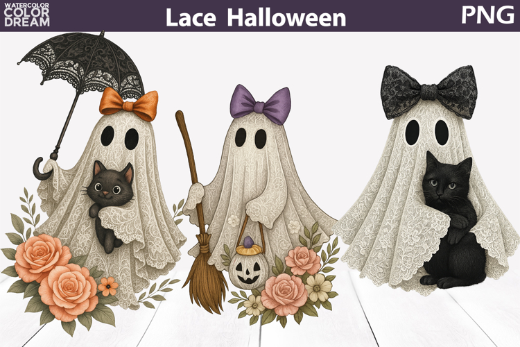 Halloween Ghost Lace Clipart | Ghost Floral Black Cat