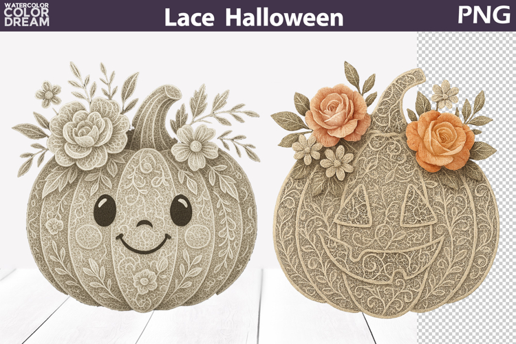 Halloween Lace Clipart | Cute Pumpkin Face Floral