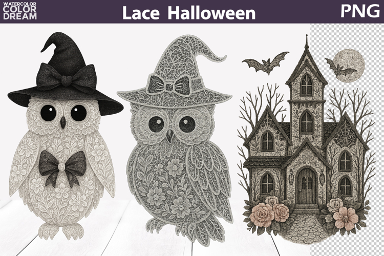 Halloween Owl Lace Clipart | Haunted House Sublimation