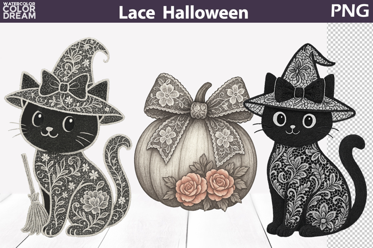 Halloween Lace Clipart | Black Cat Witch Pumpkin Sublimation