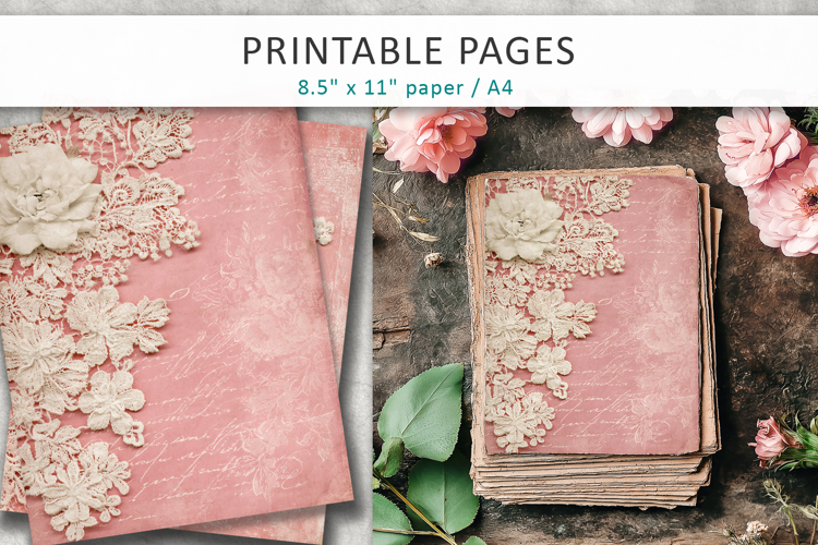 Vintage lace pink junk journal, antique paper