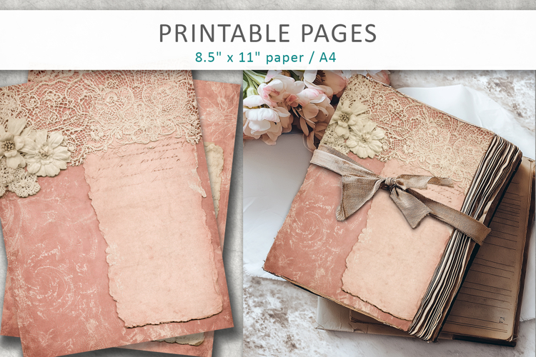 Vintage lace pink junk journal, shabby chic