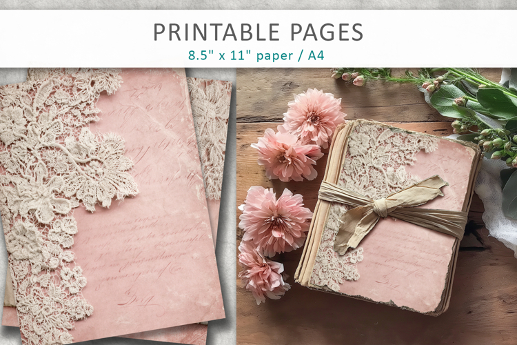 Vintage lace pink junk journal, ephemera paper