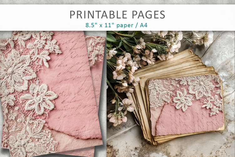 Vintage lace pink junk journal, scrapbook paper