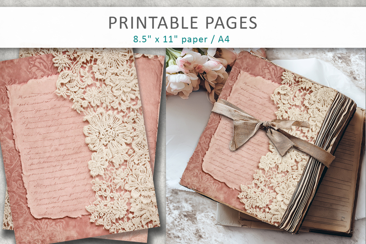 Vintage lace pink junk journal, lace ephemera