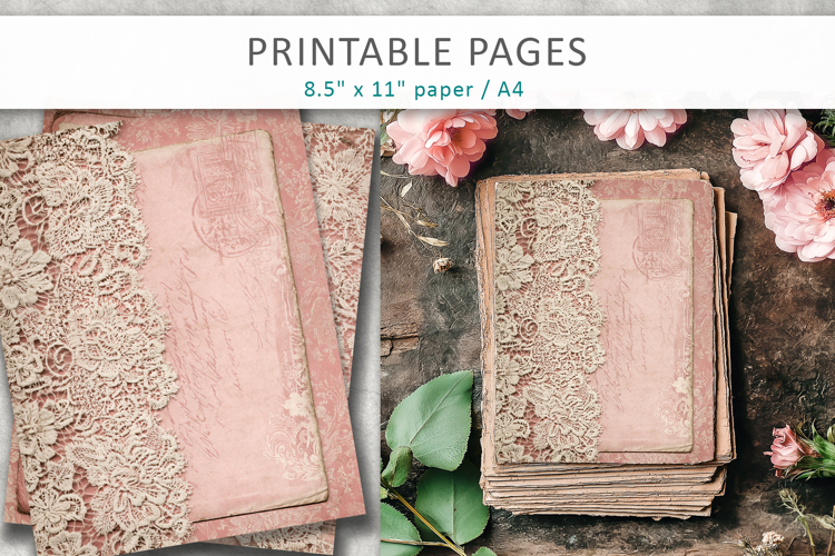 Vintage lace pink junk journal, lace digital paper