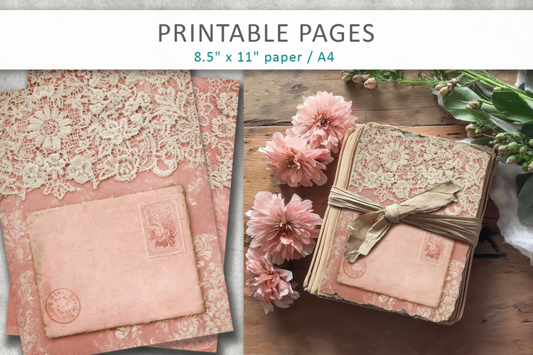 Vintage lace pink junk journal, craft paper