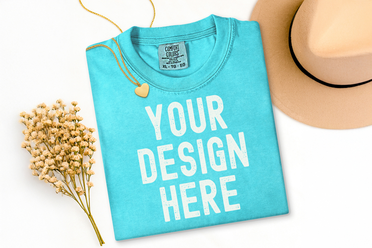 Comfort Colors C1717 Lagoon Blue Shirt Mockup, Flat Lay