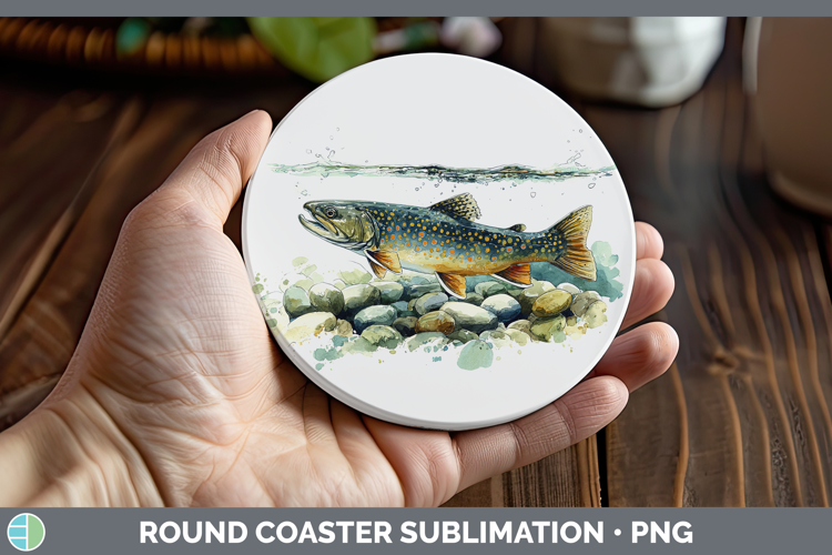 Brook Trout Lake Fish Sketch Round Coaster Sublimation Desig