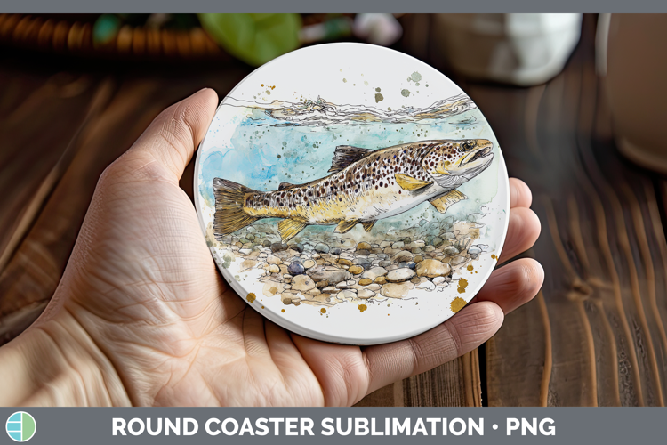 Brown Trout Lake Fish Sketch Round Coaster Sublimation Desig