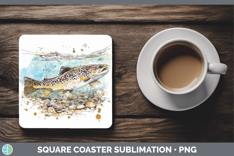 Brown Trout Lake Fish Sketch Square Coaster Sublimation Desi