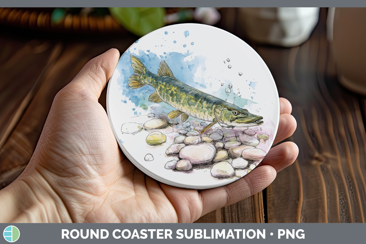 Muskellunge Lake Fish Sketch Round Coaster Sublimation Desig