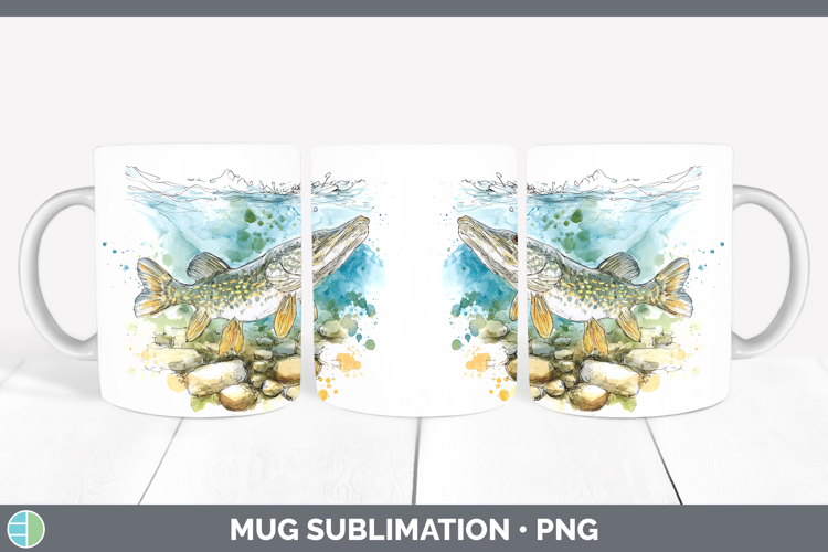 Northern Pike Lake Fish Sketch Mug Wrap Sublimation Design