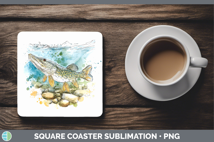 Northern Pike Lake Fish Sketch Square Coaster Sublimation De