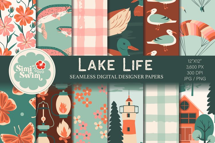 Lake Life Color Digital Papers, Boho Lake Pattern Bundle example image 1