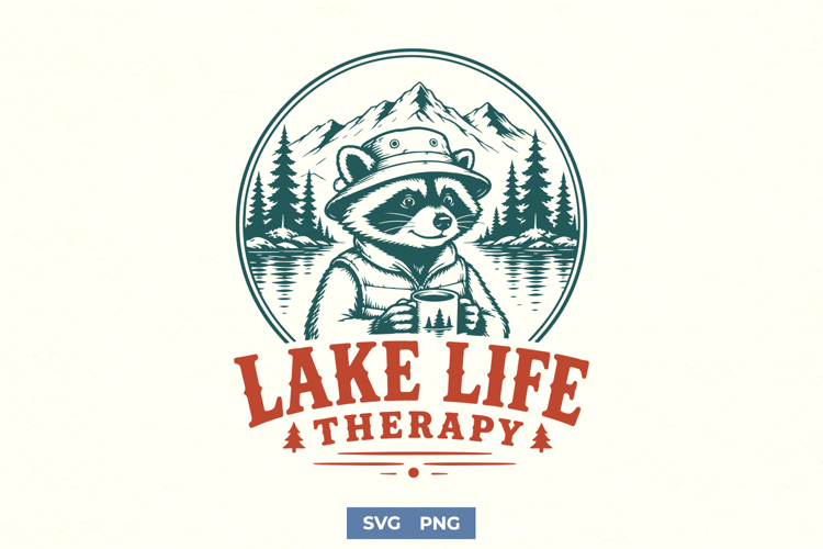Lake Life Therapy SVG, Funny Camping Raccoon PNG Design example image 1