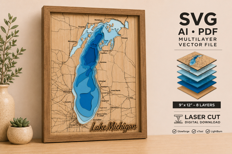 Lake Michigan 3D Wooden Map Laser Cut Files