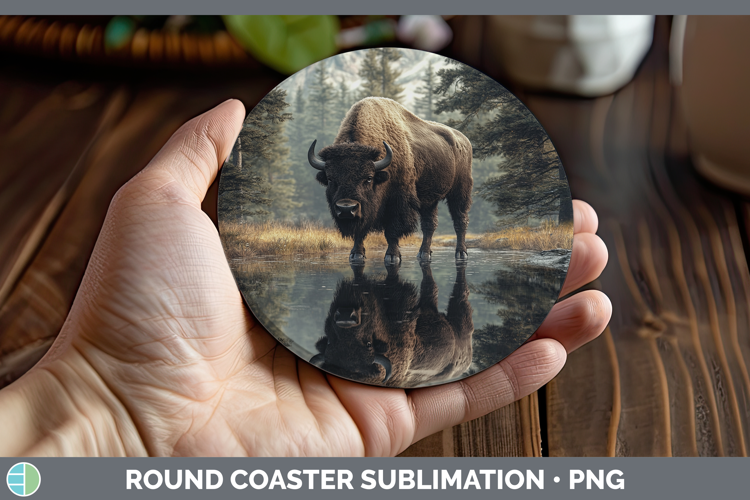 Lake Woodland Bison Round Coaster Sublimation Coaster Design