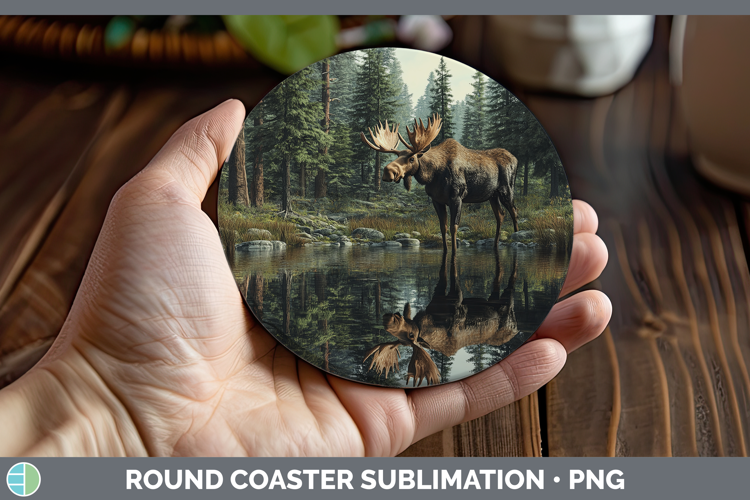 Lake Woodland Moose Round Coaster Sublimation Coaster Design