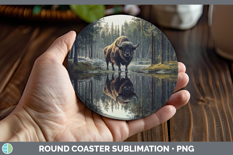 Lake Woodland Musk Ox Round Coaster Sublimation Coaster Desi