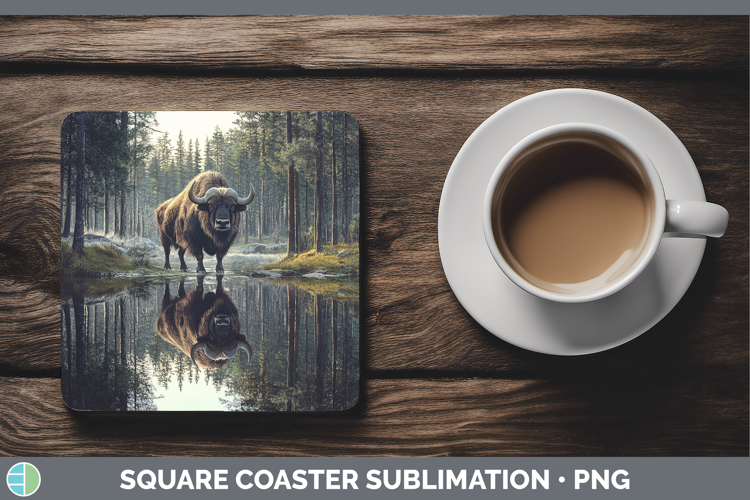 Lake Woodland Musk Ox Square Coaster Sublimation Coaster Des