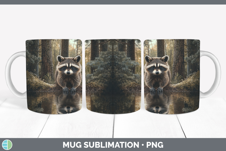 Lake Woodland Raccoon Mug Wrap Sublimation Coffee Cup Design