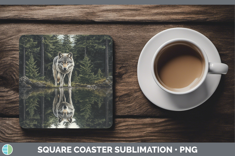 Lake Woodland Wolf Square Coaster Sublimation Coaster Design