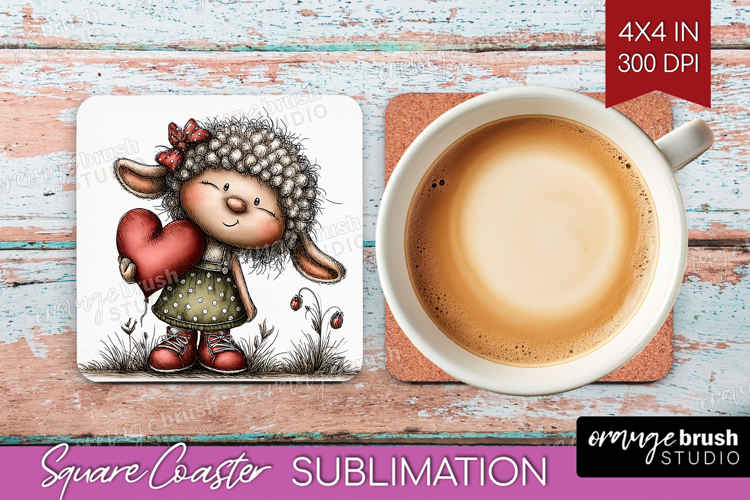 Lamb Valentine Square Coaster Whimsical Animal Coaster PNG