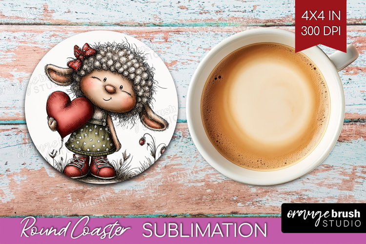 Lamb Valentine Round Coaster Whimsical Animal Coaster PNG