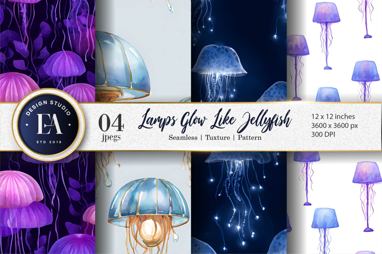 Glowing Jellyfish Lamps Seamless Watercolor Digital Paper