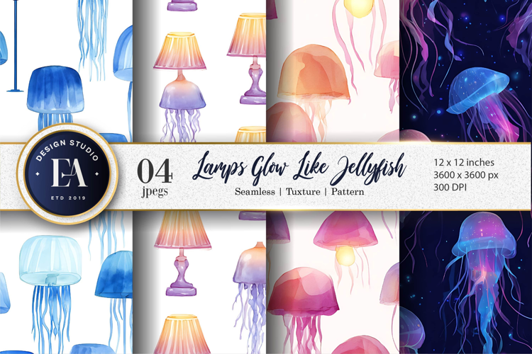 Watercolor Jellyfish Lamps Seamless Glowing Digital Paper